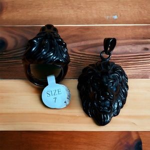 Matching black stainless steel lion ring and pendant set